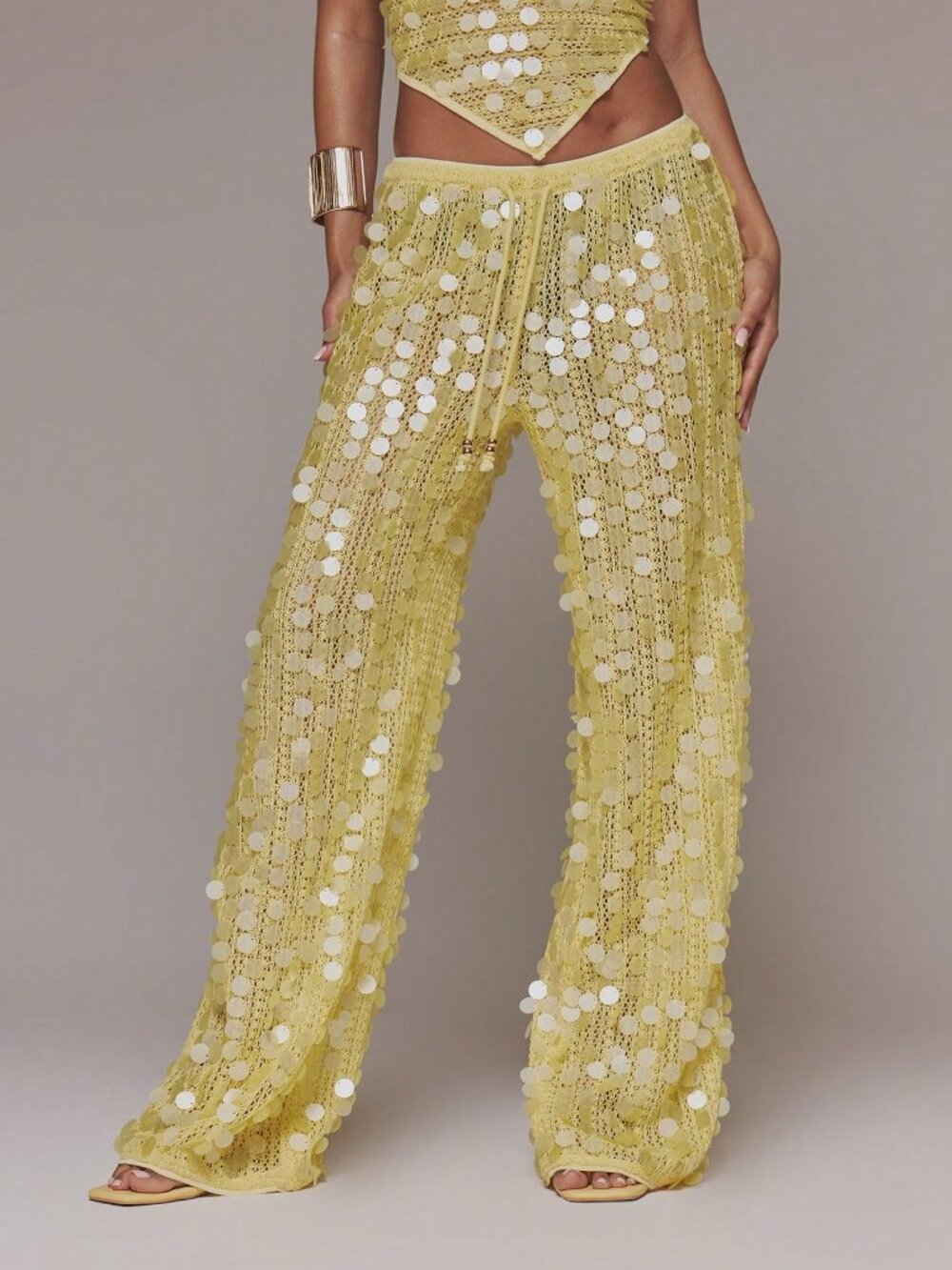 Yellow Women's Drawstring Hollow Out Low Rise Long Wide Leg Pants